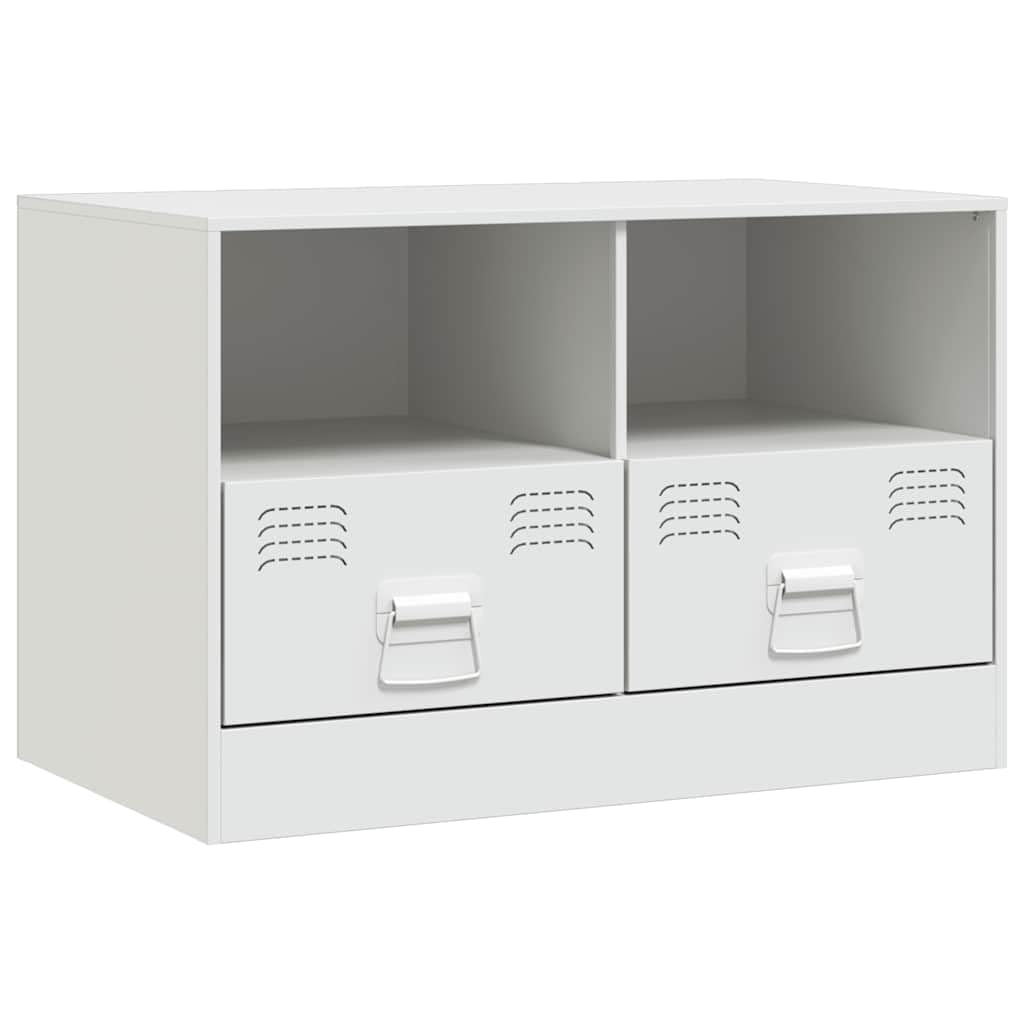 Lot de 2 armoires TV blanches en acier laminé à froid 67 x 39 x 44 cm avec 2 étagères et tiroirs, charge jusqu'à 90 kg, meuble bas moderne pour salon, convient pour téléviseurs de 51 à 76 cm