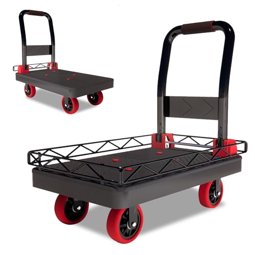 Heavy Duty Trolley Platform on Wheels, 800kg Load Capacity Transport Dolly w/Detachable Solid Steel Wire Fence, 91 cm × 60 cm Flatbed Cart, Silent TPR Wheels