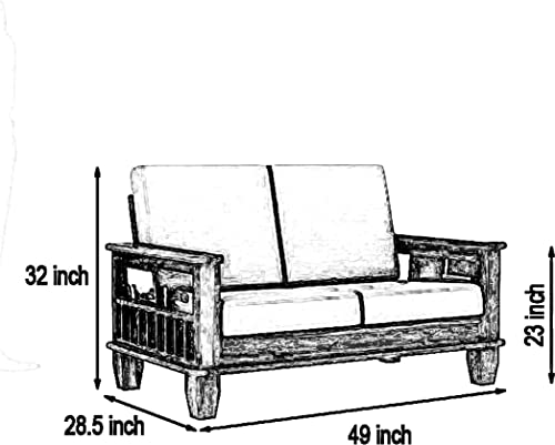 Image of Solid Sheesham Wooden 2 Seater Sofa Set for Living Room | Two Seater Sofa Set with Side Pocket Storage & Cushion | Rosewood Sofa Set for Home (Teak, 2 Seater)