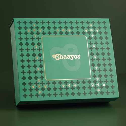Image of Chaayos Divine Diwali Gift Box | Diwali gift Hamper with that includes Chai tin (Masala chai & Adrak Elaichi), 2 Ceramic Kulhads (Pink & Green), Set of 2 Diyas, Diwali Playing Cards, Gur Para for Family & Friends | Premium Diwali Gift Set