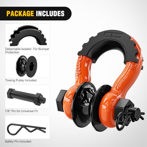 Image of Nilight 3 /4 inch D-Ring Shackle w /Snatch Block (2 Pack) 9,500 lb Working Load, 2-in-1 Heavy‑Duty Towing Pulley w /Isolator for Off‑Road Recovery, Winch Cable & Rope, Truck Jeep ATV UTV Tractor, Orange