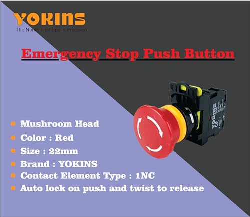 Image of Yokins Emergency Stop Push Button, EB2M-A-01-ZS, 22mm Red color with auto lock on push & twist to release with 1NC (copper & silver contacts)