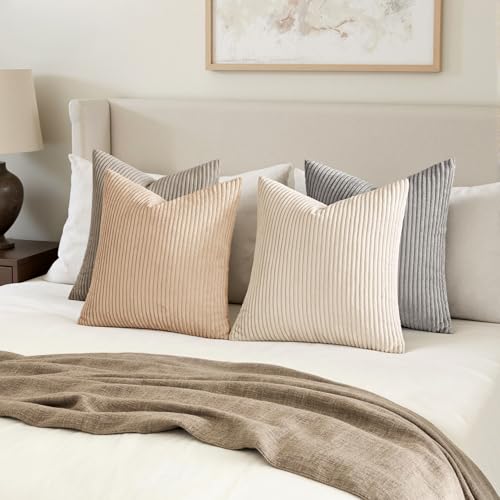 Image of MIULEE Boho Farmhouse Neutral Cream Throw Pillow Covers 20x20 Inch Set of 4 Mordern Nordic Cushion Covers Soft Corduroy Spring Home Decor for Couch Bed Sofa Living Room