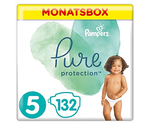 Pampers Baby Windeln Größe 5 (11+ kg) Pure Protection, 132 Stück, MONATSBOX, Mit Premium-Baumwolle Und Pflanzenbasierten Materialien