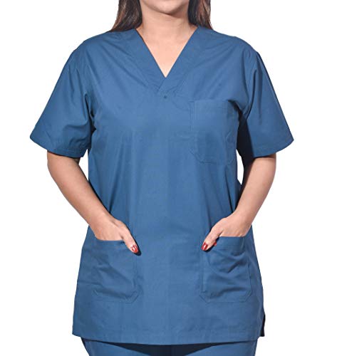 Image of Unisex V-Neck Polyester Cotton Medical Scrub Suit for Doctors, Top and Bottom with 6 Pockets, Triple Needle Stitch Top, Size 50-5XL, Caribbean Blue.