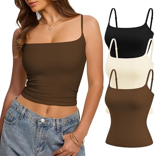 Missclub 3 Pack Cute Tank Tops for Women Square Neck Double Lined Going Out Crop Tops Spaghetti Strap Summer Shirts XXS