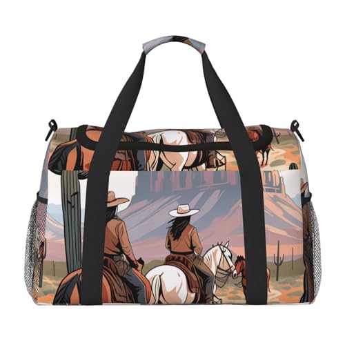 West Desert Cactus with Cowboys Riding Horses Print Travel Duffle Bag - Foldable Personal Item Travel Bag for Women & Men,13x10.2x19.7