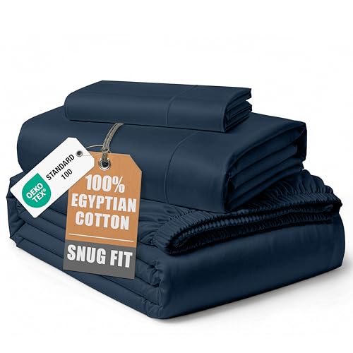 Image of LANE LINEN Twin Bed Sheet Set 100% Egyptian Cotton Sateen - Dark Denim | Deep Pocket Twin Sheets - 3-Piece Set, Ideal For Dorms And Guest Beds, For A Luxurious Night's Sleep, Luxe Sheen