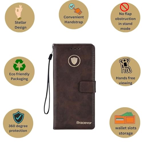 Image of Bracevor Premium Design Flip Cover case for Motorola Moto Edge 60 Fusion - Dark Brown | Full Camera Cover | PU Leather Wallet | 360 Degree Protection | Kickstand | Card Slots