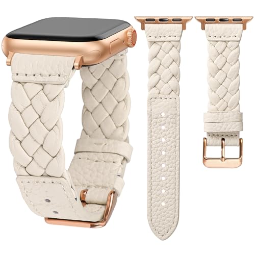 Image of TOYOUTHS Braided Leather Strap Compatible with Apple Watch Straps Women 40mm 41mm 38mm 42mm, Luxury Thin Breathable Leather Dressy Woven Bracelet for iWatch 11 10 9 8 7 6 5 4 SE, Starlight/Rose Gold