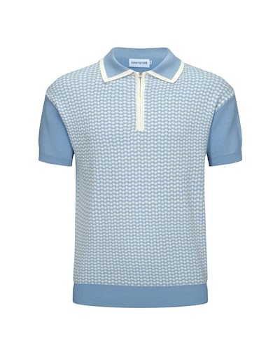 OXKNIT Men's Zipper Retro Polo Shirt Textured Casual Knit Short Sleeve Blue Polo T Shirt