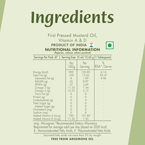 Image of Jivo First Pressed Mustard Oil 1 Litre | Vitamin A and D Fortified | MUFA-Rich with Balanced Omega 3 and 6 |Cholesterol and Trans Fat Free Oil| Ideal for Frying, Pickling, Sauteing, Baking, and More