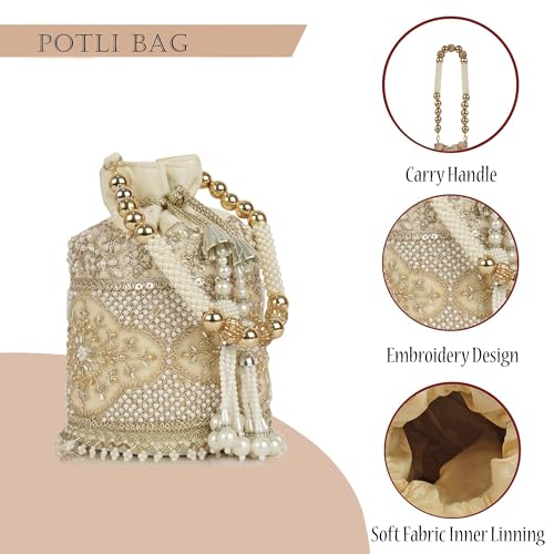 Image of Nevis Silk Fabric Luxury Pearl Embroidered Potli Bag for Women | Bridal Ethnic Drawstring Clutch with Beaded Handle Wedding