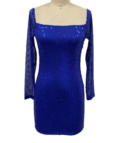 Image of Women Sparkle Sequins Mini Dress Sexy Tie Back Bodycon Dress Long Sleeve Shiny Evening Dresses Night Out Party Outfits