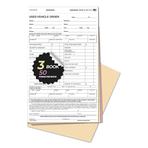 Used Vehicle Order Book 5.5" x 9" - 3-Part Carbonless Sales Order Forms, Snap-Out Auto Sales Worksheet & Agreement Book, Heavy-Duty Wrap Cover, 50 Forms Per Book for Dealerships - Book of 3