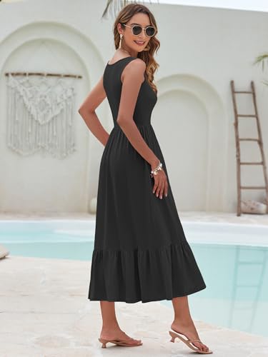 Image of AUSELILY Womens Summer Maxi Dress Casual Sleeveless V Neck Floral Dresses | A line shape with practical side pockets, Vacation dress for resort walks, Pair with low heels and simple jewelry
