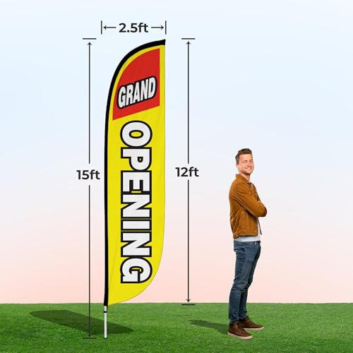 Image of LookOurWay Feather Flag Pole Kit - 12 Feet Tall Advertising Flag Banner with Fiberglass Pole Kit and Ground Spike for Business Promotion - Grand Opening Flags - Grand Opening Yellow & Red (10M1200027)