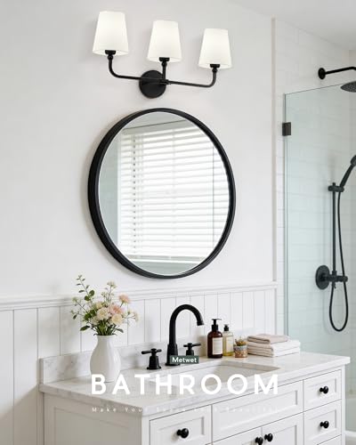 Image of Bathroom Light Fixtures, 3-Light Matte Black Vanity Lights with Flared Beige Fabric Shade, Vintage Sconces Wall Lighting for Hallway Bedroom, VL837-MB-B-3