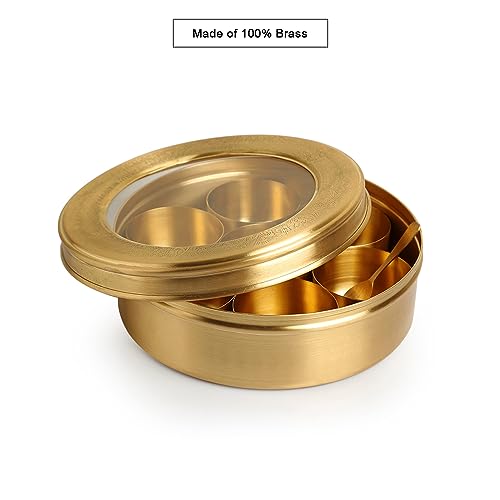 Image of ExclusiveLane 'Floral' Brass Spice Box for Kitchen with Spoon (7 Containers, 100 ml, Hand-Etched) | Brass Masala Box for Kitchen Masala Container Masala Dabba Masala Dani Namak Dani Spice Container