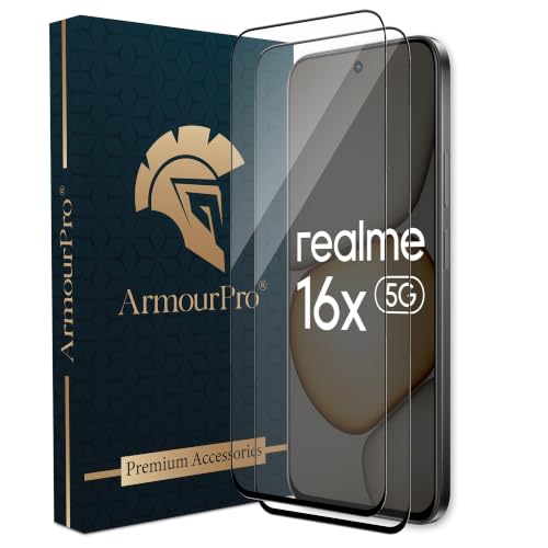 Image of ArmourPro Tempered Glass for Realme 16x - 9H Anti Scratch Screen Protector, Edge to Edge Coverage, HD Clarity, Smooth Touch, Case Friendly | Black, Pack of 2