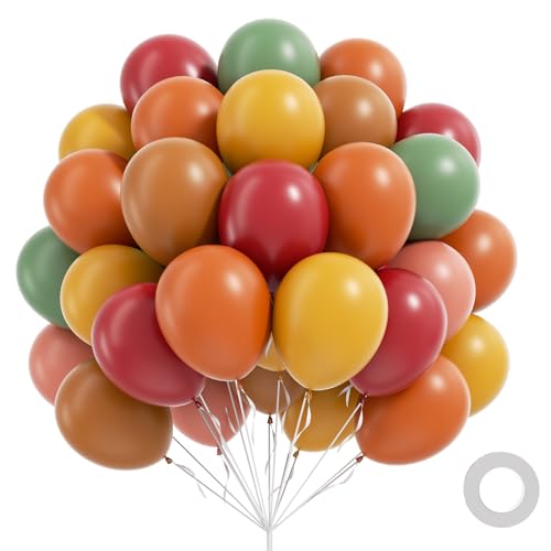 Image of 60pcs Fall Balloons, Thanksgiving Balloons 12inch with Burgundy Brown Sage Green Burnt Orange Mustard Yellow Dusty Pink Balloon for Fall Birthday Party Decorations