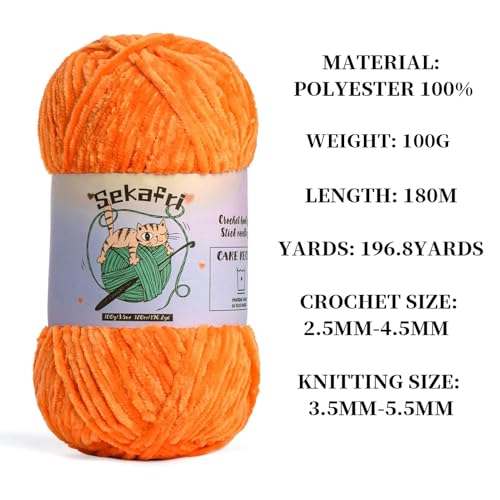 Image of 3 Pack of 300g (590yds) Fuzzy Chenille Yarn for Crocheting,Fluffy Amigurumi Crochet Yarn for DIY Craft /Hat /Clothes, Soft Velvet Baby Blanket Yarns(3 Orange)