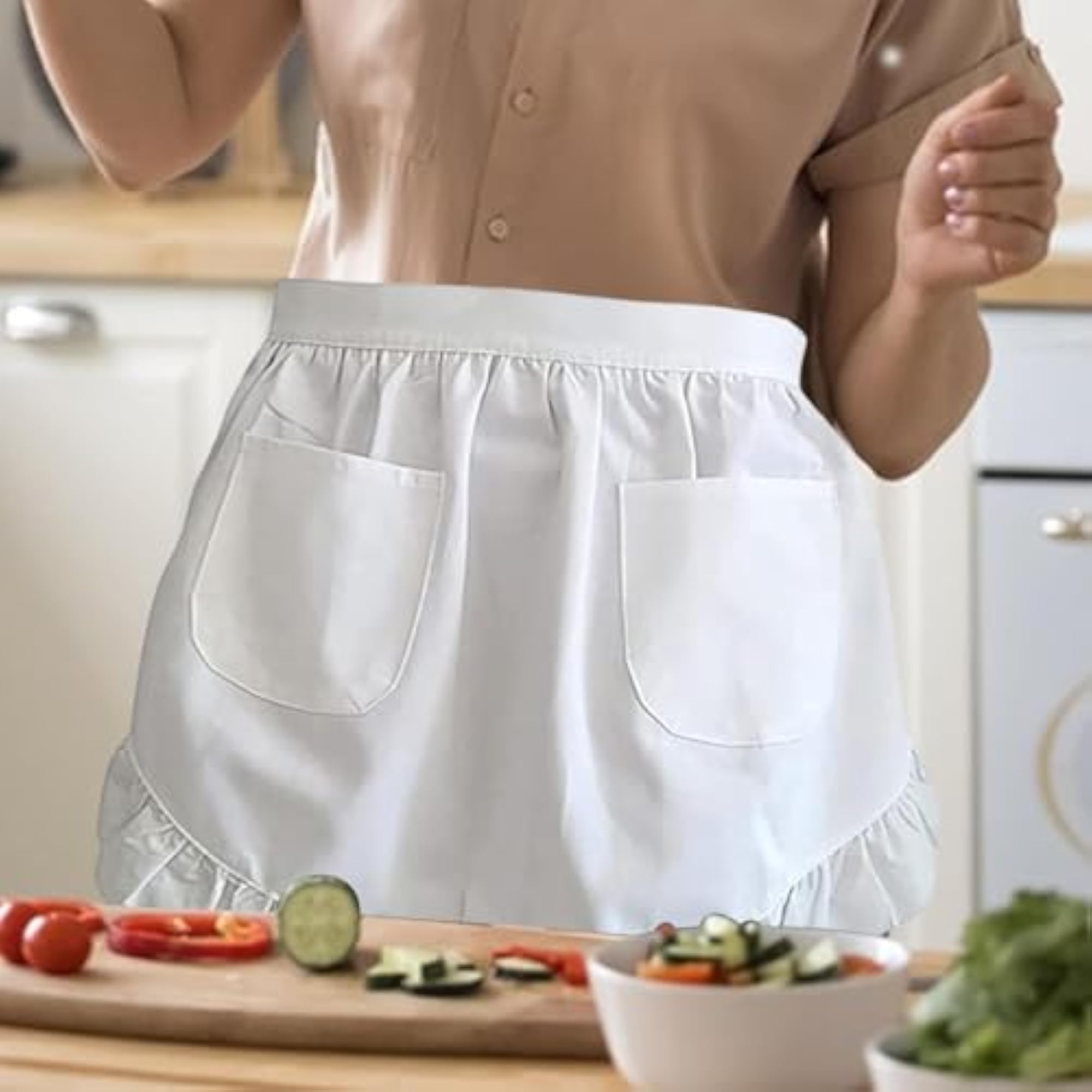 Elegant White Half Apron for Adults, Short Cooking Apron