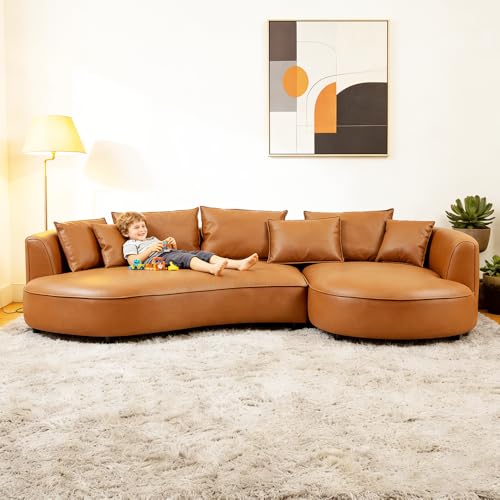 WILLIAMSPACE 124.8" Leather Curved Sofa Couch, Modern Upholstery Luxury Sofa with Pillows, Left Hand Facing Sectional Couch for Living Room (Right-Facing,Orange Leather)