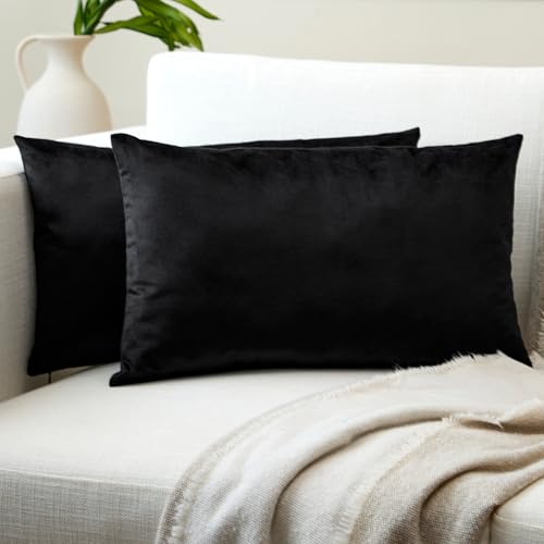 Image of Encasa XO Velvet Throw Pillow Covers 12x20 in (30x50 cm) - Black - No Inserts, Pack of 2 Cases | Solid Plain Dyed Soft & Smooth, Square Decorative Cushion Covers for Living & Bedroom