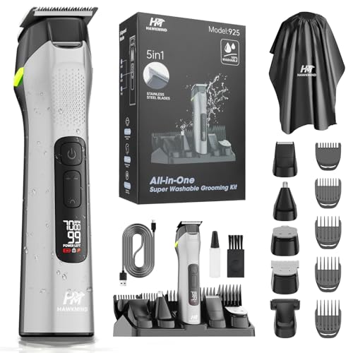 Image of HAWKMIND 5-in-1 Beard Trimmer for Men, Mens Grooming Kit with Hair Clipper, Nose Hair Trimmer, Body Hair Trimmer & Stubble Trimmer, Stainless Steel Blades, 100% Washable, USB-C Rechargeable, LCD