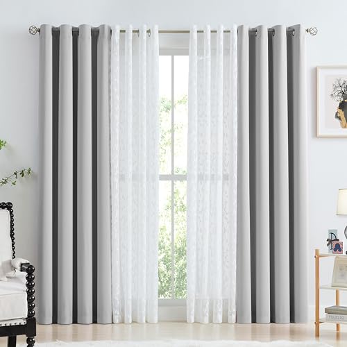 Image of Mix Matched Grey Full Blackout & Sheer Leaf Lace Curtains 52 inchWx95 inchL 6Panels | White Lace Sheer Leaf & Grey Blackout Combo Set, 2 Blackout+2 Sheer Panels, 4-Piece Set, Mix and Match Style Grommet Top