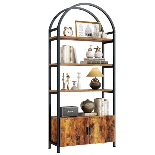 Image of Jehiatek Arched Bookshelf with Storage Cabinet 71 Inch Tall Industrial Bookcase 5 Tier Open Display Shelf with Hidden Storage Rustic Wood and Metal Bookshelf for Living Room Bedroom Home Office