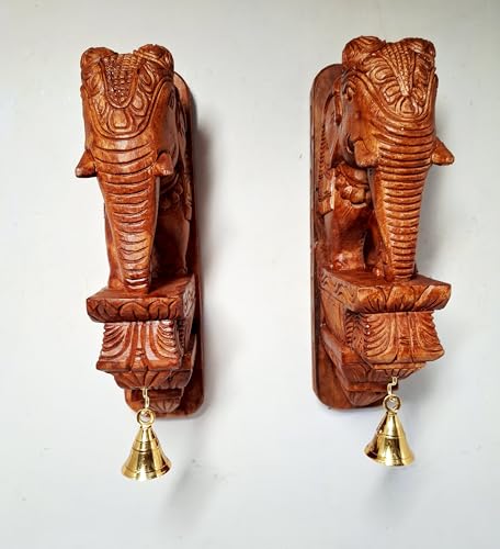 Image of Wooden Elephant Wall Bracket Pair 12 Inch Hand Carved Wood Wall Hanging with Brass Bells | Traditional Elephant Corbel Shelf Decor (Set of 2)