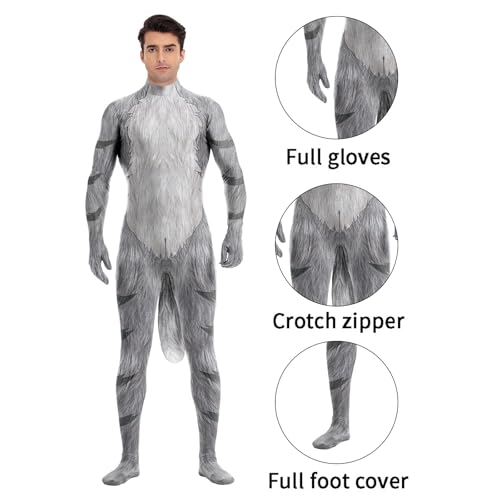 Image of Animal Full Bodysuit for Men Muscle Spandex Jumpsuit Furry Costume with Big Tail for Adult Cosplay Halloween Party