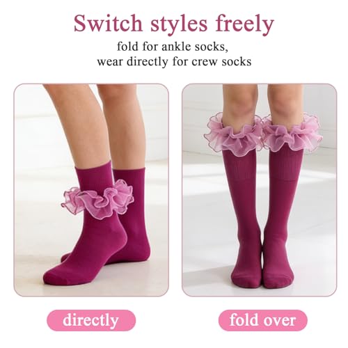 Image of Women Big Ruffle Ankle Socks Adult Double Lace Frilly Socks Fold Cuff Cotton Ruffled Dress Crew Bobby Bride Sock
