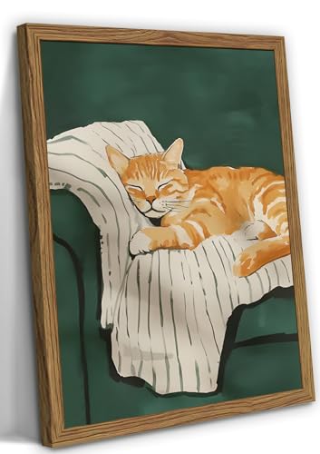 Funny Cat Wall Art Cute Cat Sleeping on Couch Wall Decor Painting Orange Pet Kitty Portrait Pictures Prints Contemporary Animal Canvas Artwork for Bedroom Living Room 12x16 inch Wood Framed