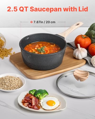 VEVOR 2.5 QT Saucepan, Nonstick Saucepan with Tempered Glass Lid, Multipurpose Cooking Sauce Pot with Detachable Handle, Sauce Pan Small Kitchen Cooking Pot with Coating, Induction Compatible, Black