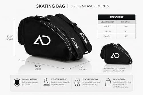 Image of ADMARK Premium Skating Bags for Style and Functionality Quad Skates, Ice, Roller Skates for Kids and Men & Women (15x12x9.5) Black Ad