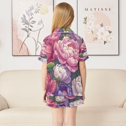 Satin Pajama Sets Short Sleeve Colors Floral Pattern Button Down Silky Nightwear 2 Piece PJS 5-14Y4