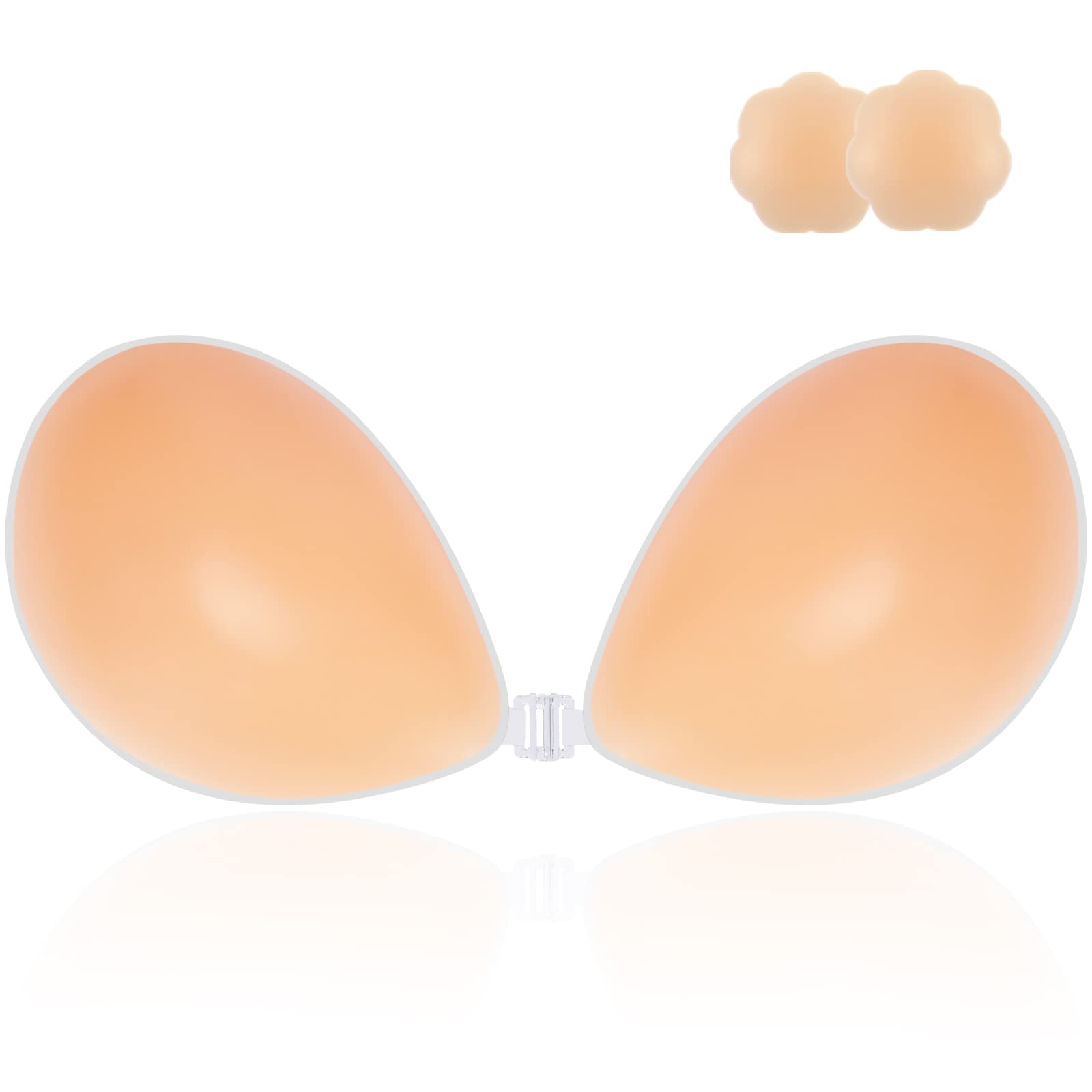 Niidor Adhesive Bra, Silicone Reusable Backless Bra for Women, Push-up Strapless Invisible Sticky Bra with Breast Pasties Cover for Strapless Dress Creme
