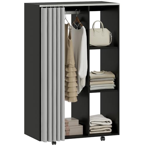 HOMCOM Armoire penderie Meuble de Rangement Mobile 4 roulettes avec Tringle à vêtements et étagères Ouvertes, penderie vêtement Dressing Roulant pour...