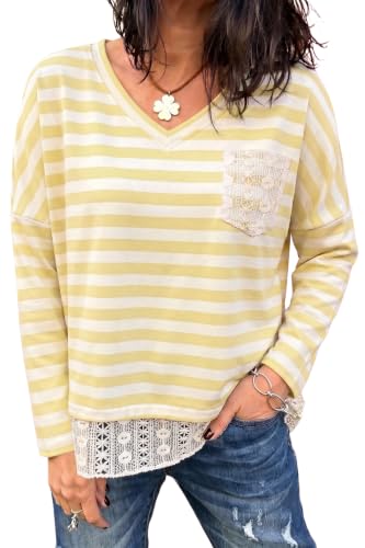 LOLONG Striped Crochet Tops for Women Long Sleeve V Neck Loose Fit Shirts