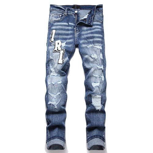 Blue Men's Denim Jeans, Elastic Slim Fit Denim Jeans, Stylish Versatile Denim Jeans, Embroidered Trendy Denim Jeans,38