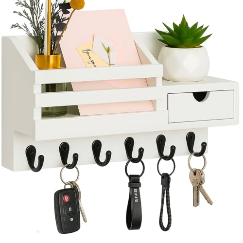AG SHOPEE Wooden Wall Mounted Key Holder with Hooks and Organizer Shelf Wall Rack for Letters Wallets and Accessories Home and Office Wall (White, Drawer Organizer)