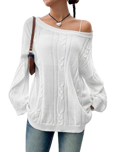 Image of SKAYS Oversized Fall Sweaters for Women, Oversized Cable Knit Sweater Off Shoulder, Solid Color Crew Neck Sweater