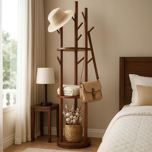 Feuusec Rotating Solid Wood Coat Rack with Shelves, 360° Freestanding