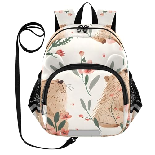 Kid's Backpack for Boys & Girls Toddler Bag Pink Flowers Capybara Seamless Backpack with Safety Leash