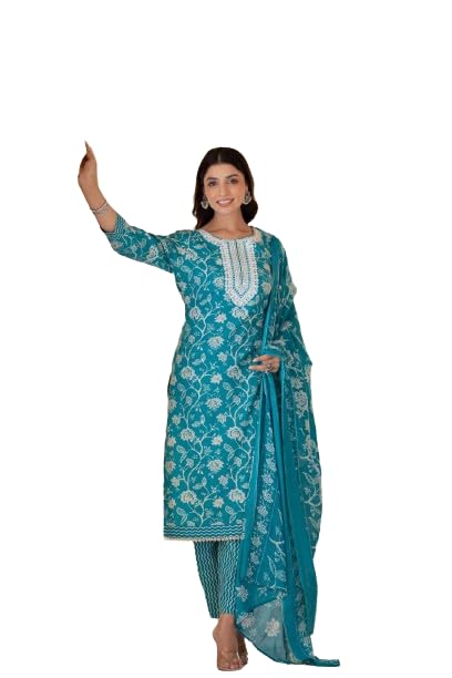 Varanga Women Blue Printed Round Neck Straight Kurta With Thread Embroidered Yoke, Three-Quarter Sleeves, Side Slits, Paired With Printed Bottom And Dupatta