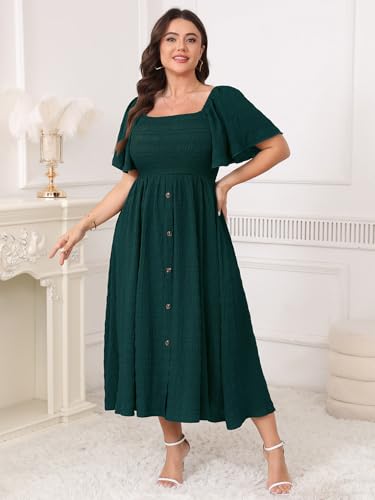 Image of Plus Size Casual Maxi Boho Dress for Curvy Women Short Sleeve Square Neck Smocked Summer Beach Dresses Button Down
