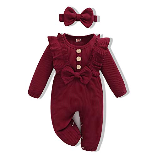 Image of nilikastta Newborn Baby Girl Romper Jumpsuit Toddler Clothes One Piece Long Sleeve Striped Bodysuit Bowknot Headband